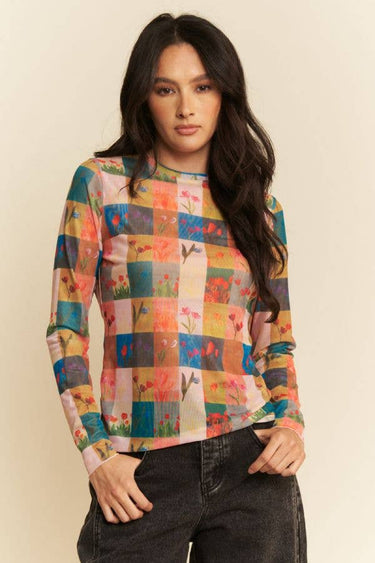 MULTI CHECKER FLORAL PRINTED LONG SLEEVE MESH TOP